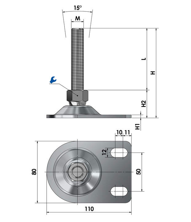 Pied réglable antivibratoire Ø 100 mm pour machines-outils avec tige  filetée M12 inclinable 7° pour charge maximum 1000 kg